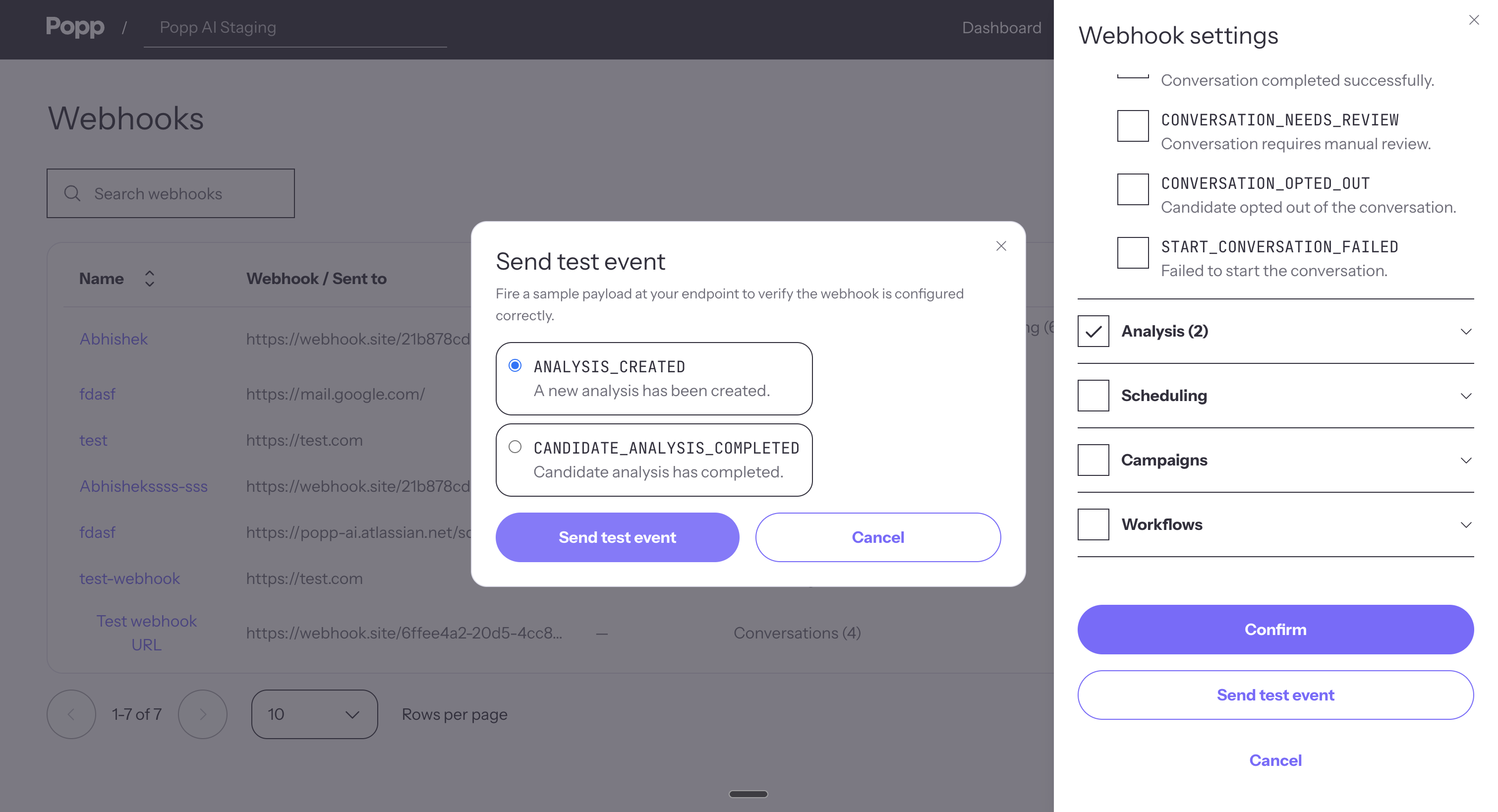 Send Test Event — pick an event