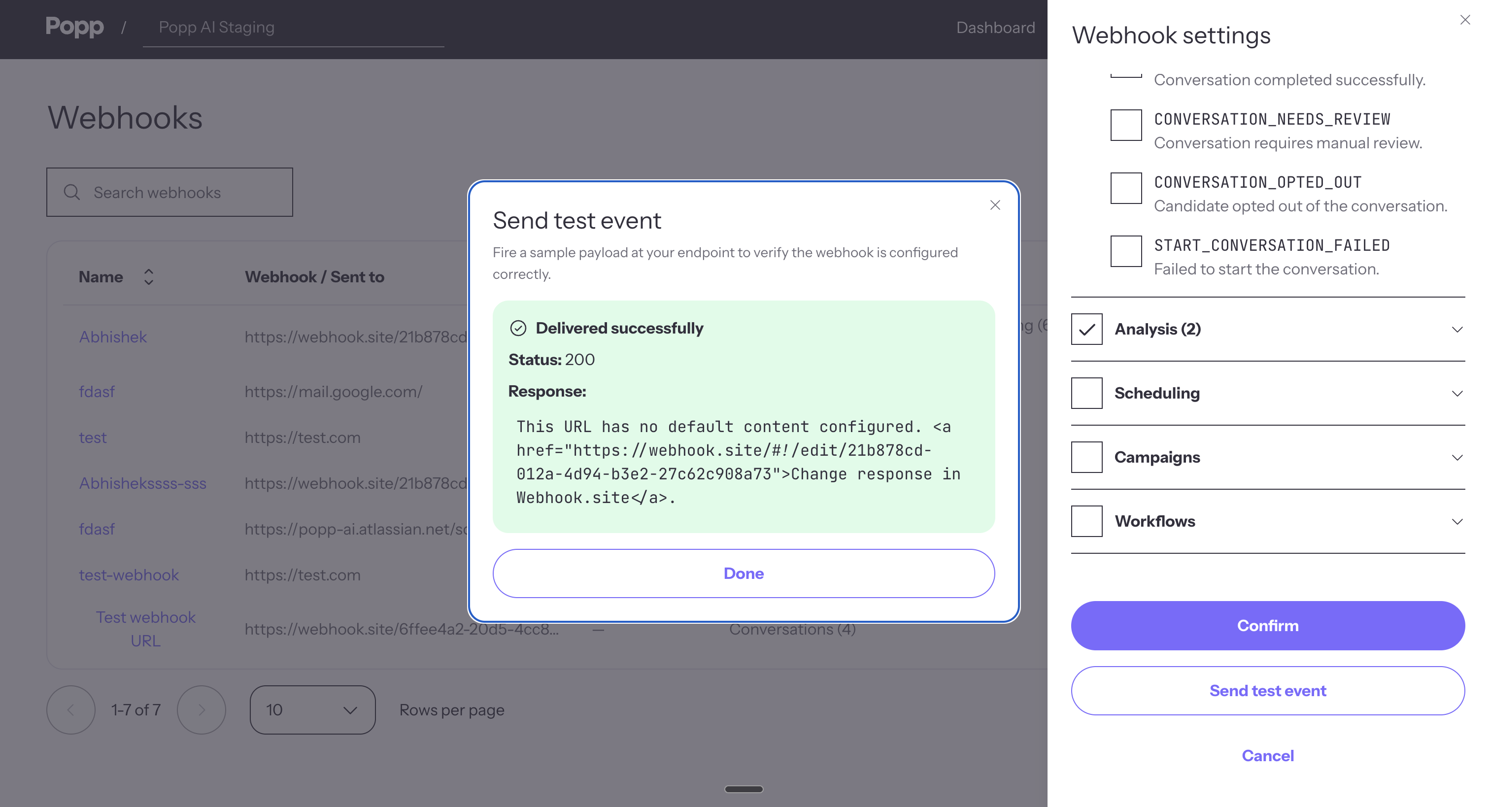 Send Test Event — success